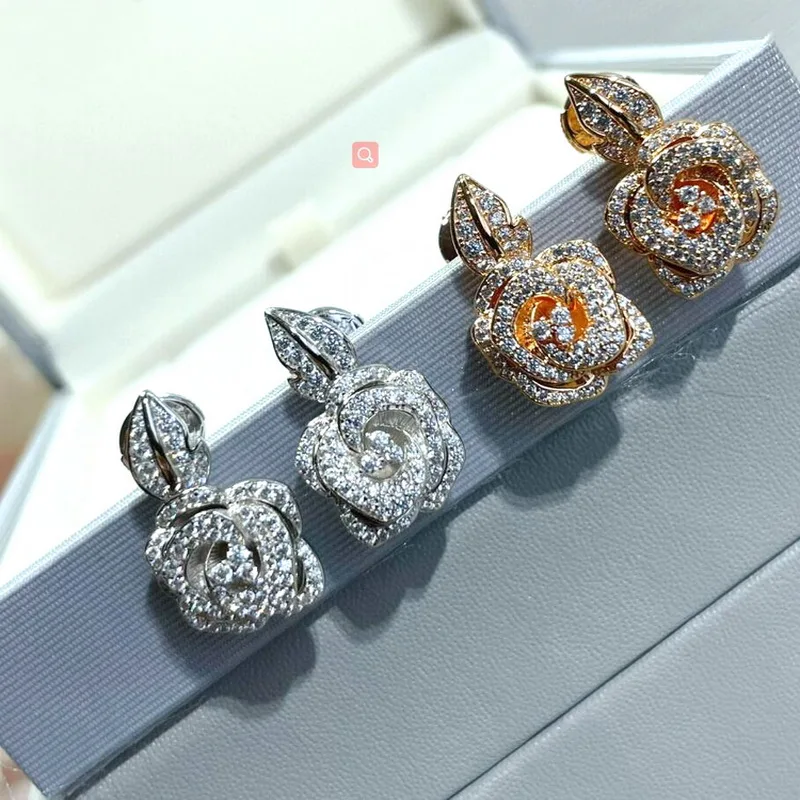 

Fashion Elegant Women Lady Stud Earrings Inlay Sparkling Cubic Zircon Rose Flower Plated V Gold Color High-end Jewelry