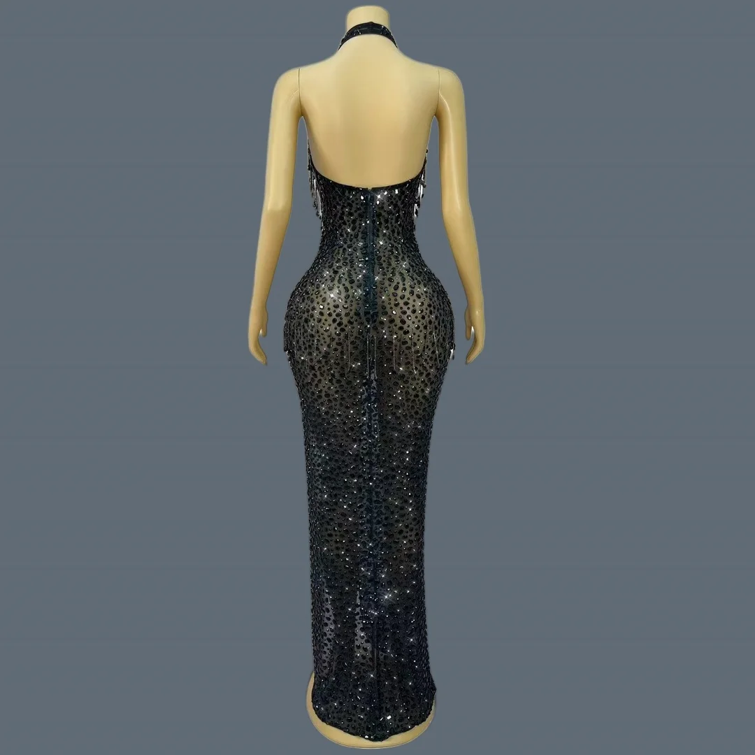 Sexy Black Mesh Evening Dress Sparkling Rhinestone Tassel High Slit Robe Deep V-neck Hanging Neck Tight Long Dress wulongweibo