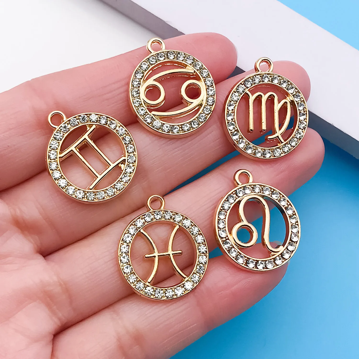 24pcs/lot Alloy 12 Constellation Charm Golden Inlaid Rhinestone Zodiac Pendant For DIY Jewelry Making Crafting Accessory