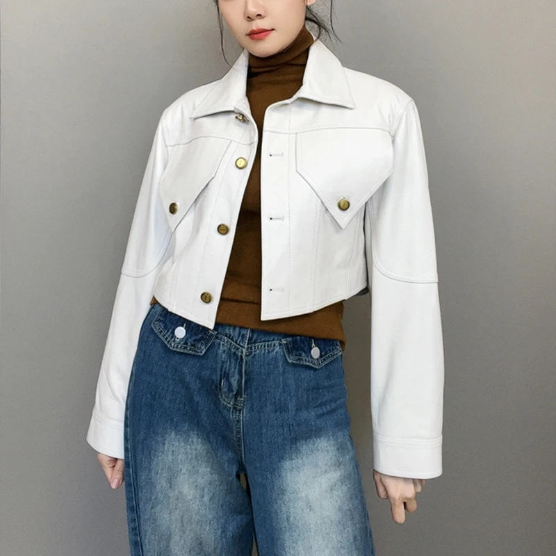 100% 진짜 가죽 재킷 여성 짧은 양피 오토바이 코트 2025 싱글 브레스트 여성 streetwear 슬림 피트 가죽 자켓