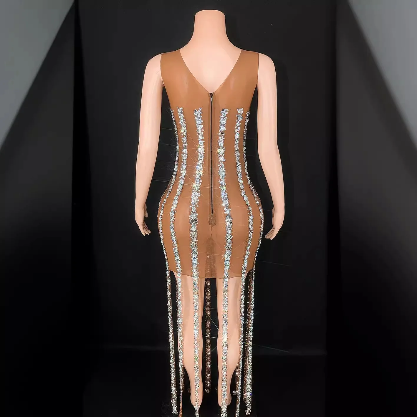 Diamond Long Dress Birthday Clothing Dark Brown V Halter U-neck Sleeveless Short Slim Silver Diamond Chain Long Tassel 이브닝 롱 드레스