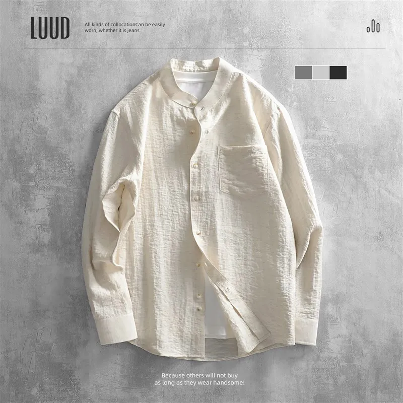 

Slim Fit Long Sleeve Shirt Men's High End Color Shangzhong Collar Layering Thin Shirt New Chinese Style Stand Collar
