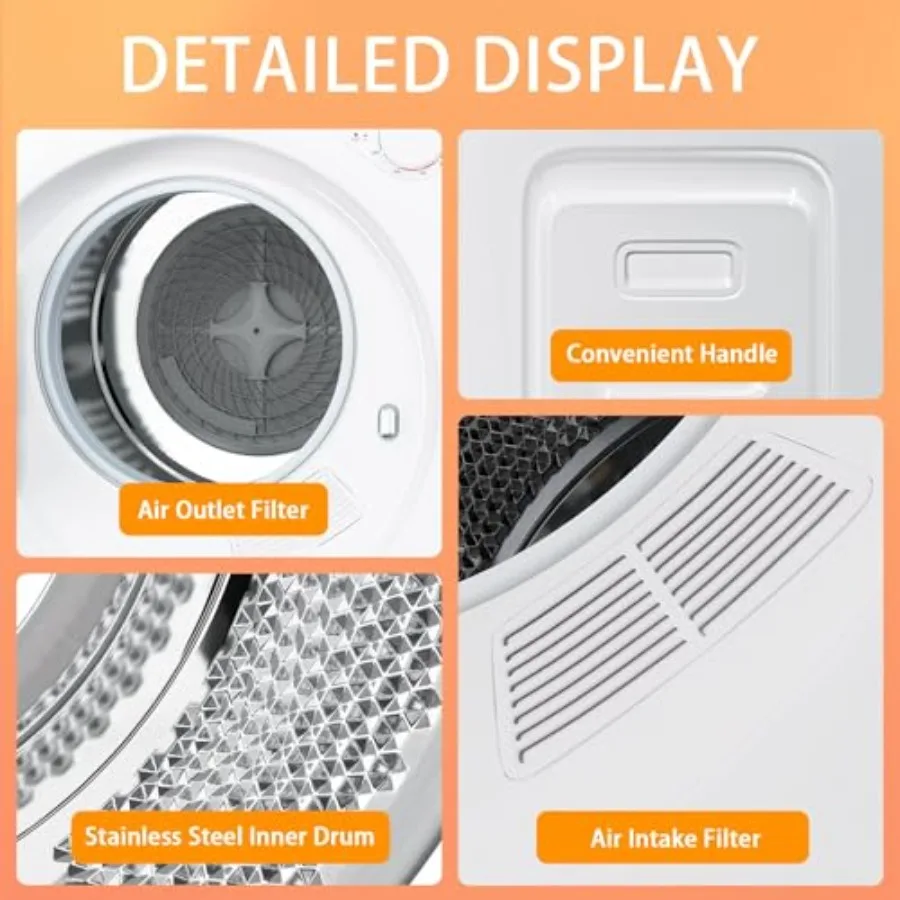 Draagbare 120V droger 800W compacte wasdroger met 5 droogmodi 1,5 Cu.ft Mini elektrische voorlader met roestvrij staal