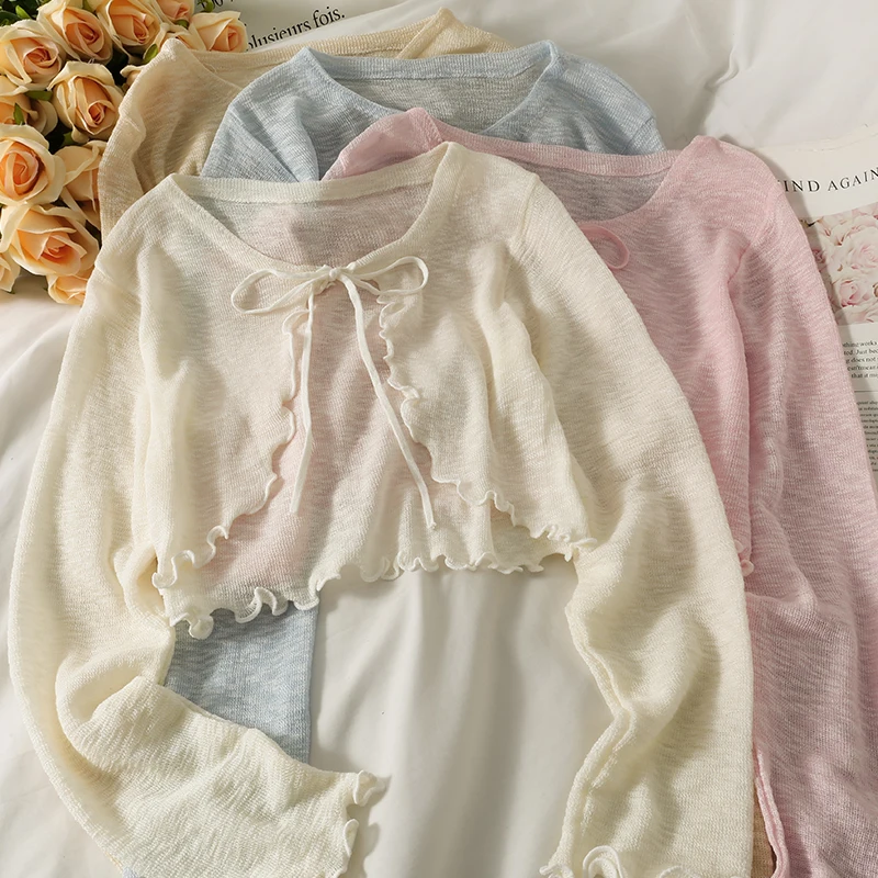 Ice Silk Sun Protection Light Weight Summer Cardigan Shawl Strap Vest Top with Wood Grain Ruffle Design Cover up Outerwear
