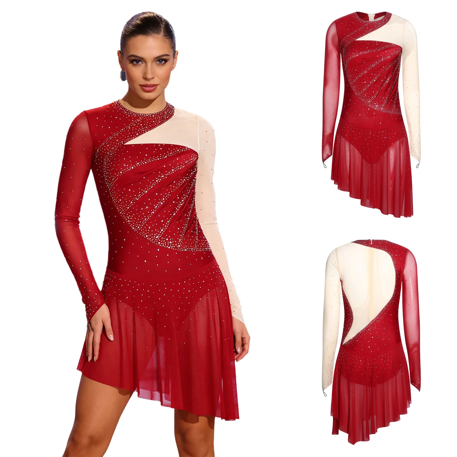 

Womens Gymnastics Bodysuit Long Sleeve Chest Pleats Irregular Hem Buttoned Crotch Dance Leotard Jumpsuit Figure Skating Outfit