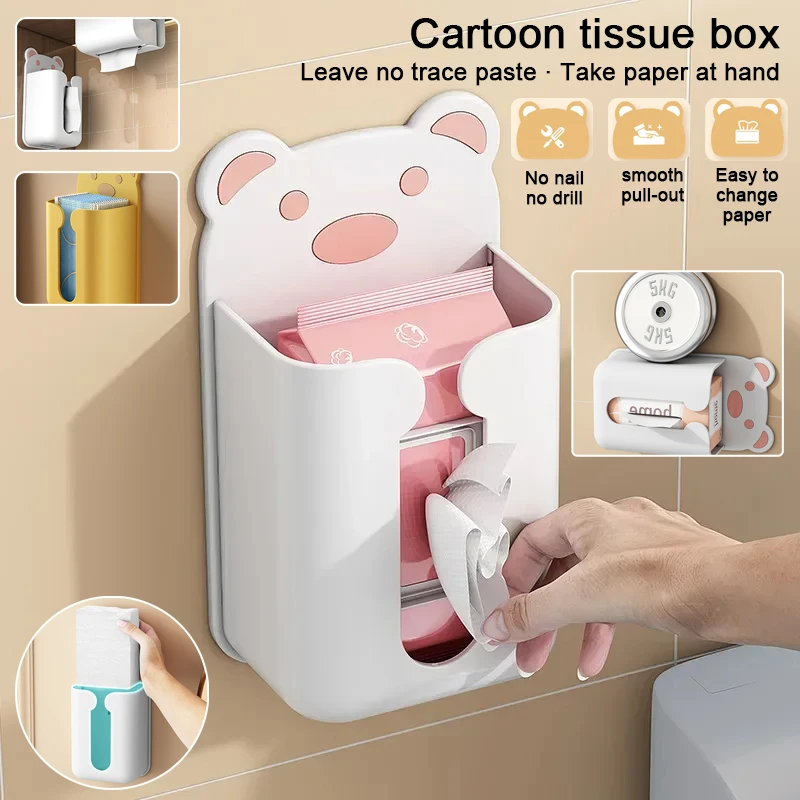 Beliebte Cartoon-Taschentuchbox Wandmontierte Taschentuchbox Robuste Kunststoff-Aufbewahrungsbox Ohne Bohren Toiletten-Handtuch-Aufbewahrungsbox