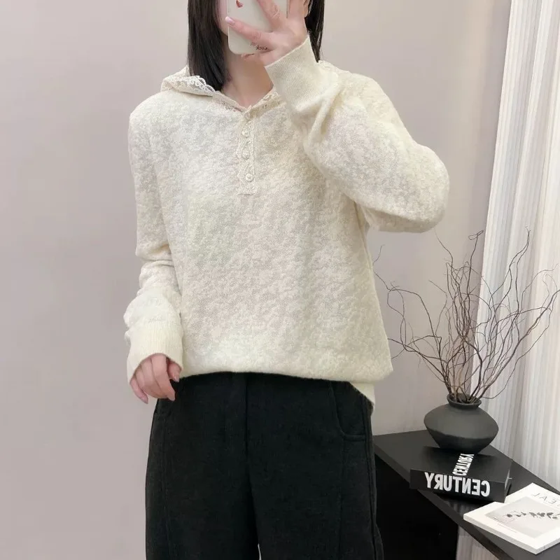 

Женский кружевной резной свитер с длинными рукавами и капюшоном для женщин, осень-зима 2022, пуловер с внутренней базой во французском корейском стиле