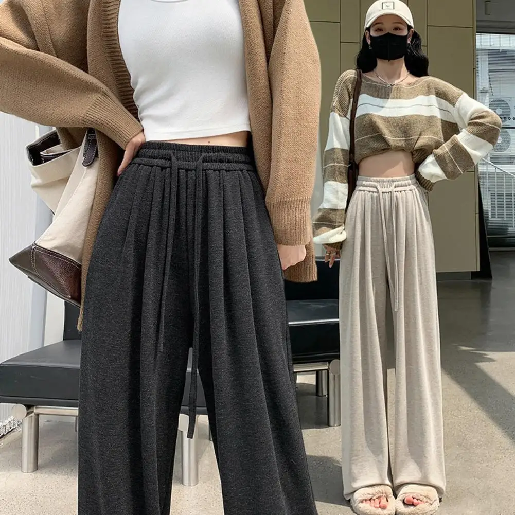 Wide-leg Pants Elastic Waist Bottoms High Waist Wide Leg Women's Pants with Drawstring Soft Solid Color Trousers for Fall Winter