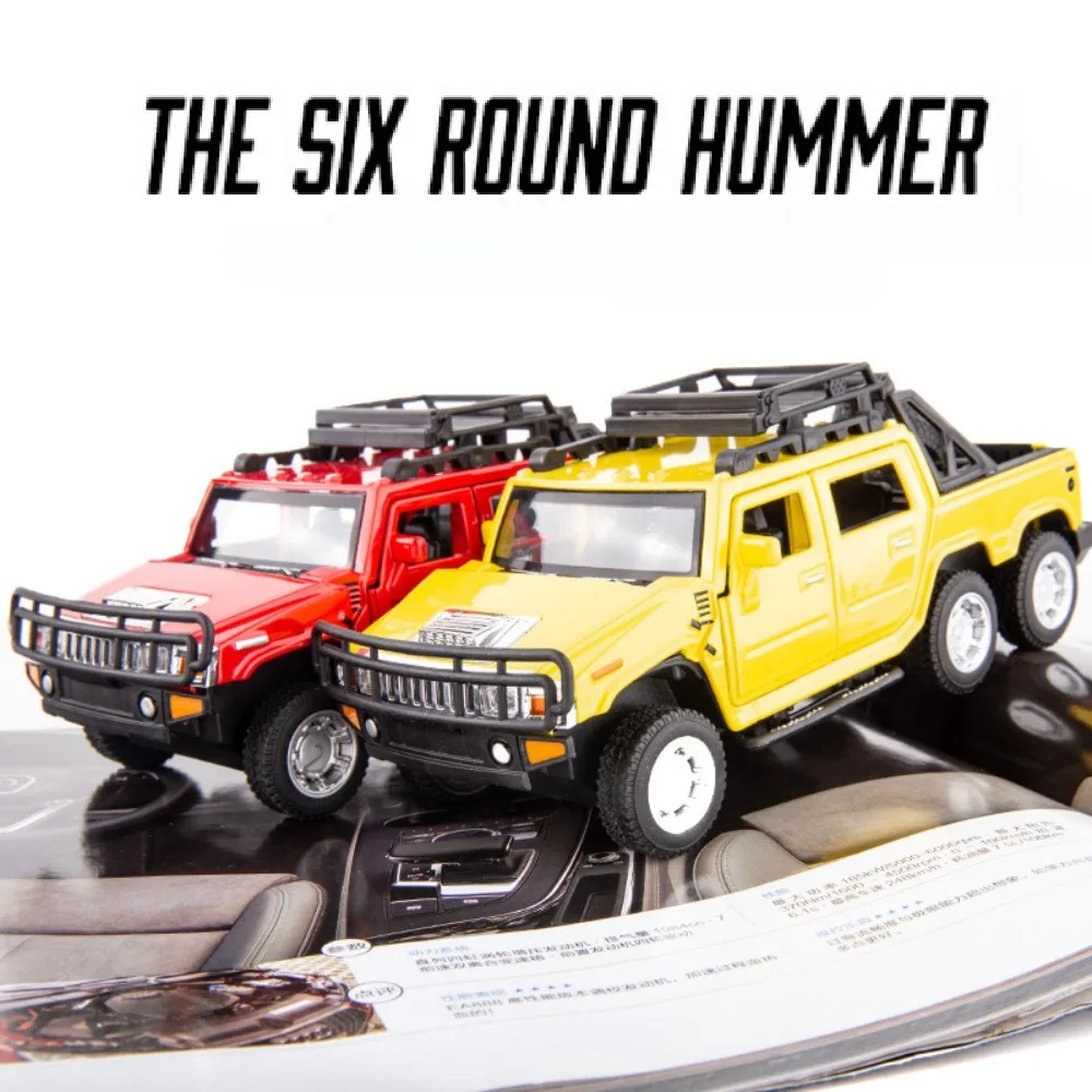 1/32 Six Wheel Hummer Model Car Toy Alloy Body Rubber Tire Doors Opened Pickup Off-road Vehicle Models Sound Light Gifts for Kid