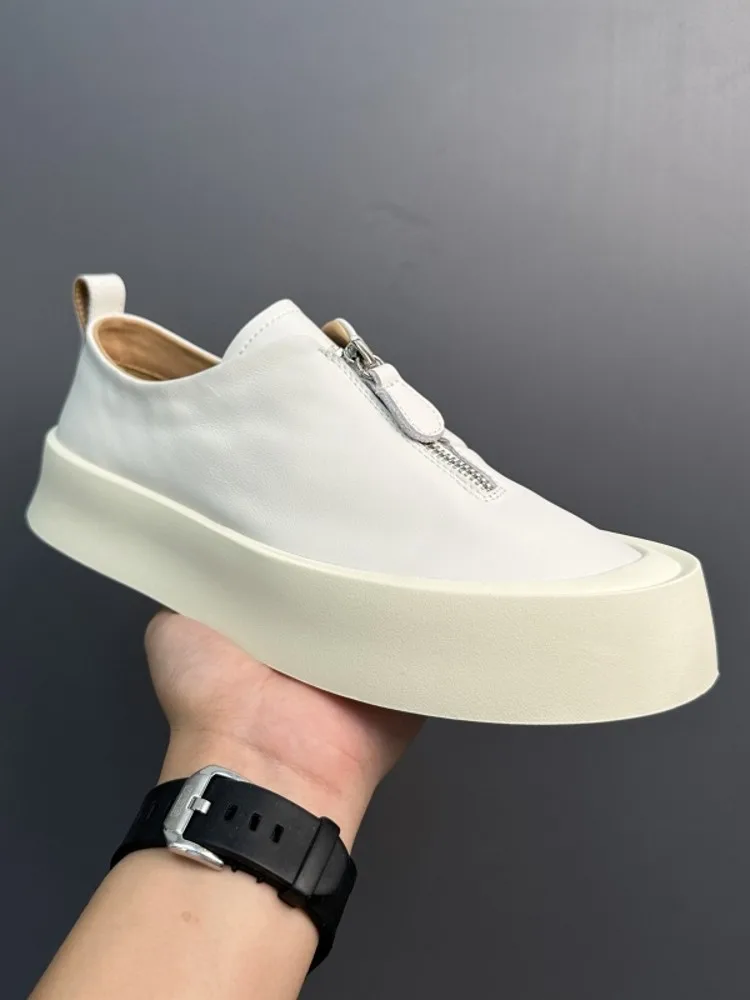 أزياء الرجال سستة المتسكعون منصة سميكة جلد البقر جلد طبيعي حذاء كاجوال خمر خارج ركض أحذية رياضية أحذية التزلج