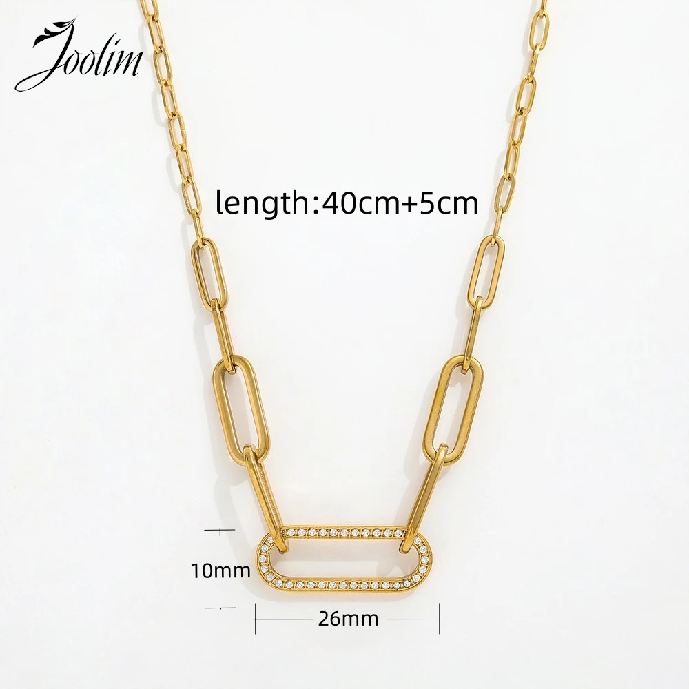 Joolim Jewelry Wholesale Fashion Oval Zirconia Pave Pendant Paper Pin Link Chain Stitching Stainless Steel Necklace for Wom