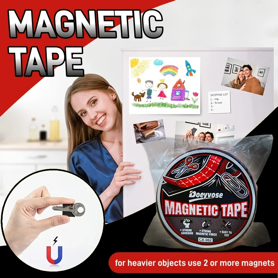 Doeyvose Self-Adhesive Strong Magnetic Tape, Cuttable Sticker for Wall Fridge Picture Poster Home Office Storage