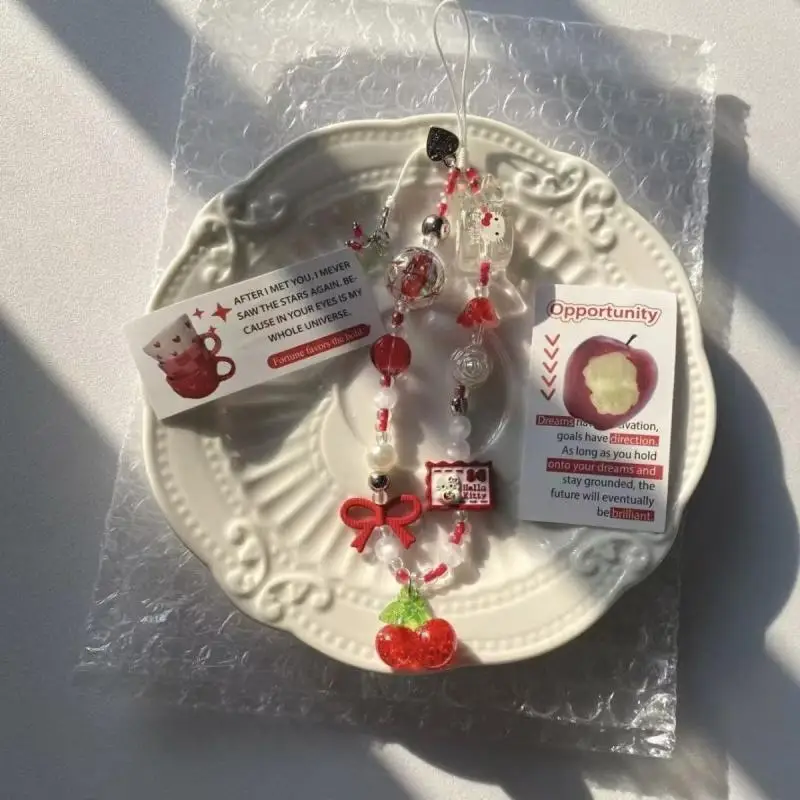 

Cute Summer Cherry Hello Kitty Phone Chain Cartoon Sanrio Lanyard Ccd Bead Camera Keychain Girl Bags Decoration Holiday Gifts