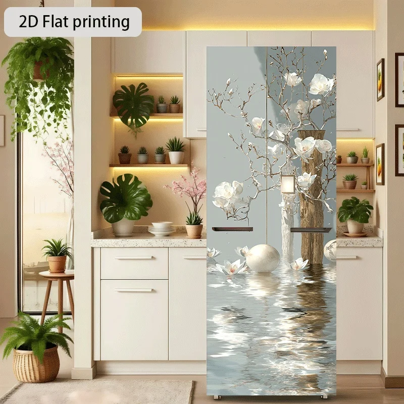 Refrigerator Sticker Magnolia Flower Water Scene Theme Design Wall Sticker Decorative Wallpaper Self-Adhesive Suitable for Cab