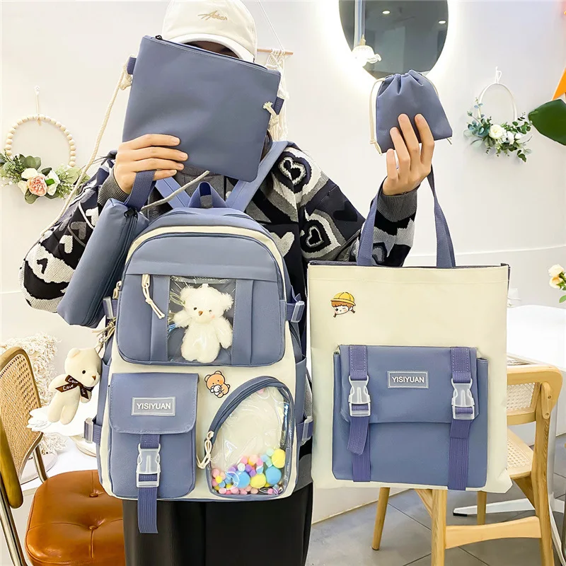 Casual Four Piece Student Backpack Set For Women Wear Resistant Oxford Large Capacity College School Hand Tote Storage Bag Kit