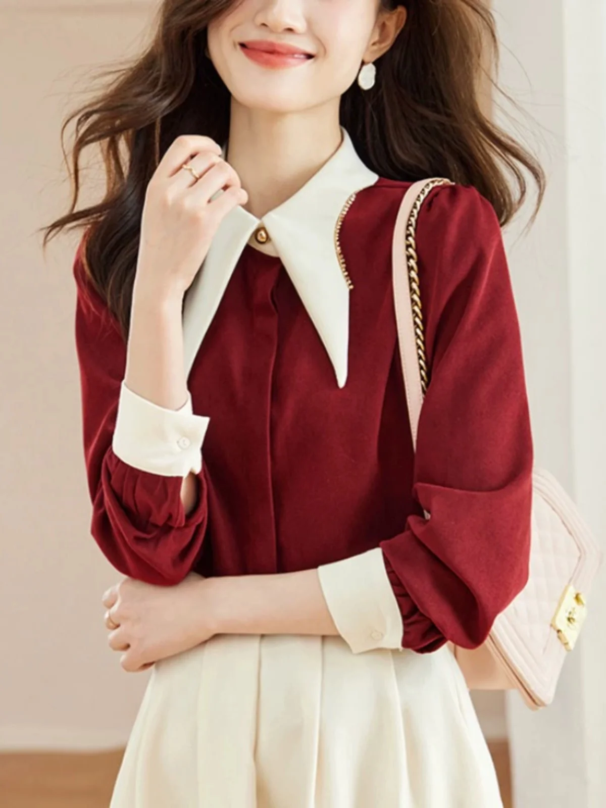 

Retro Thickened Long Sleeve Women's Shirt Elegant Design Winter New Style Flocking Red Shirt Stylish Top Quality Polyester