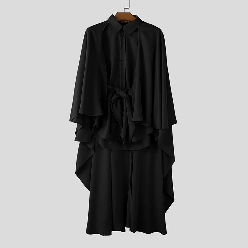 

INCERUN Мужская рубашка нестандартной формы, однотонные топы большого размера, мужская одежда с лацканами и длинными рукавами, уличная одежда на шнуровке, модные повседневные майки