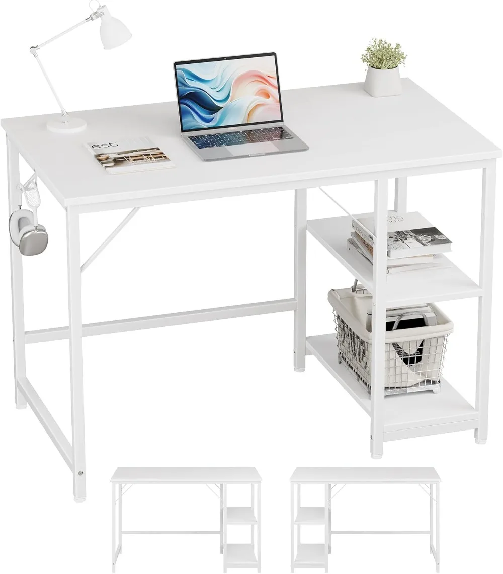 JOISCOPE Home Office Computer Desk with Wooden Storage Shelf,Small Office White Desk and Gaming Table with Splice Board,2-Tier