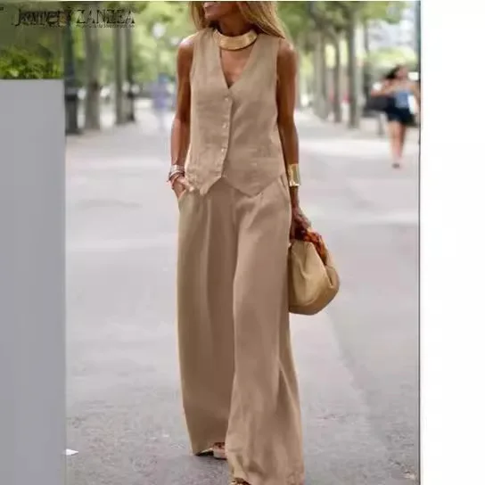 Casual Solid 2 Piece Pant Sets Elegant Woman Vest Suits Sleeveless V Neck Tank Tops Fashion Pants Outfits Oversized 2024