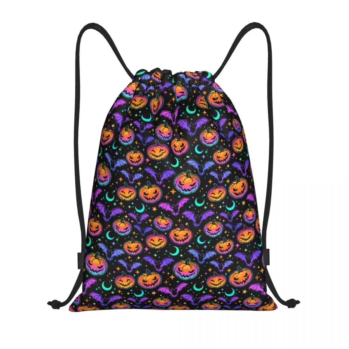 Custom Halloween Pumpkin Bats Star Moon Gothic Magic Mysterious Horror Drawstring Backpack Sports Gym Bag Men Women Sackpack