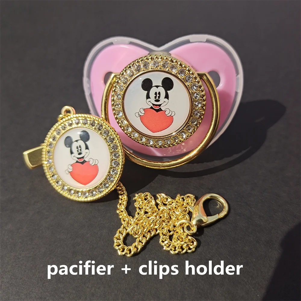 [1 Set] Disney Deluxe Mickey Pacifier with Chain Clip Bling Newborn Baby Girl Boy Pacifier Unique Baby Shower Gift Chupetes0-24M