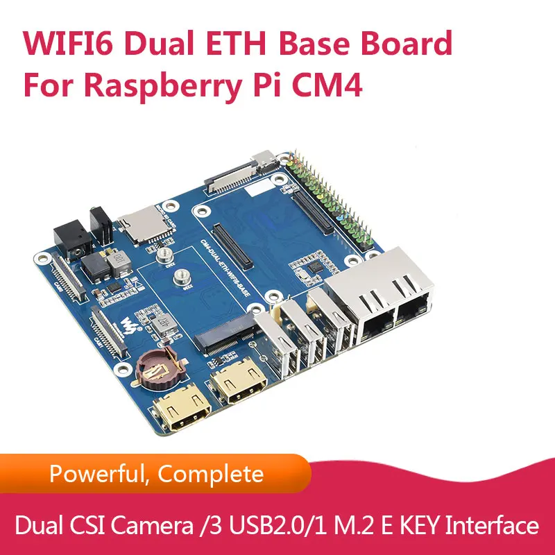 

WIFI6 Dual ETH Base Board / Mini-Computer Designed for Raspberry Pi Compute Module 4, Onboard M.2 E KEY Slot Dual CSI Camera