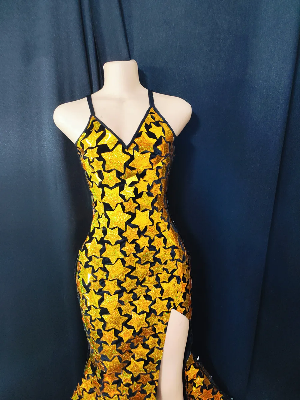 Disfraz de cantante con diseño de estrella dorada brillante, vestido largo con tirantes divididos y espejo láser, ropa de actuación para fiesta de cumpleaños y espectáculo