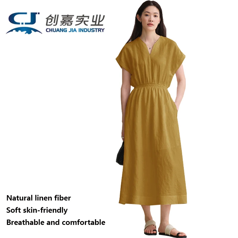 High-end Linen Ladies Batsleeve Dress Elegant Yellow Comfortable Cool Breathable Light Luxury Casual Women's Dress Free Shipping