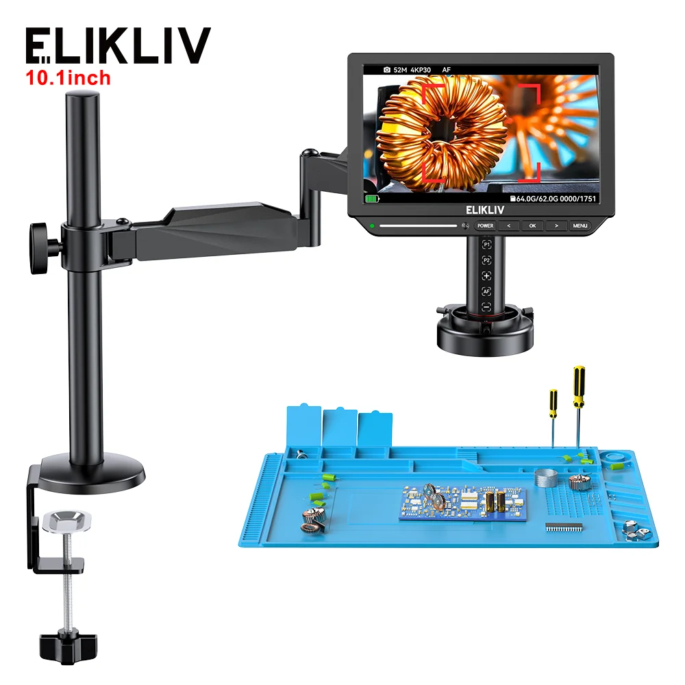 Elikliv Autofocus Digital Microscope 4K Soldering Microscopio for Electronics EM4K-AF Flex 10.1'' 2000X HDMI Microscope with Arm