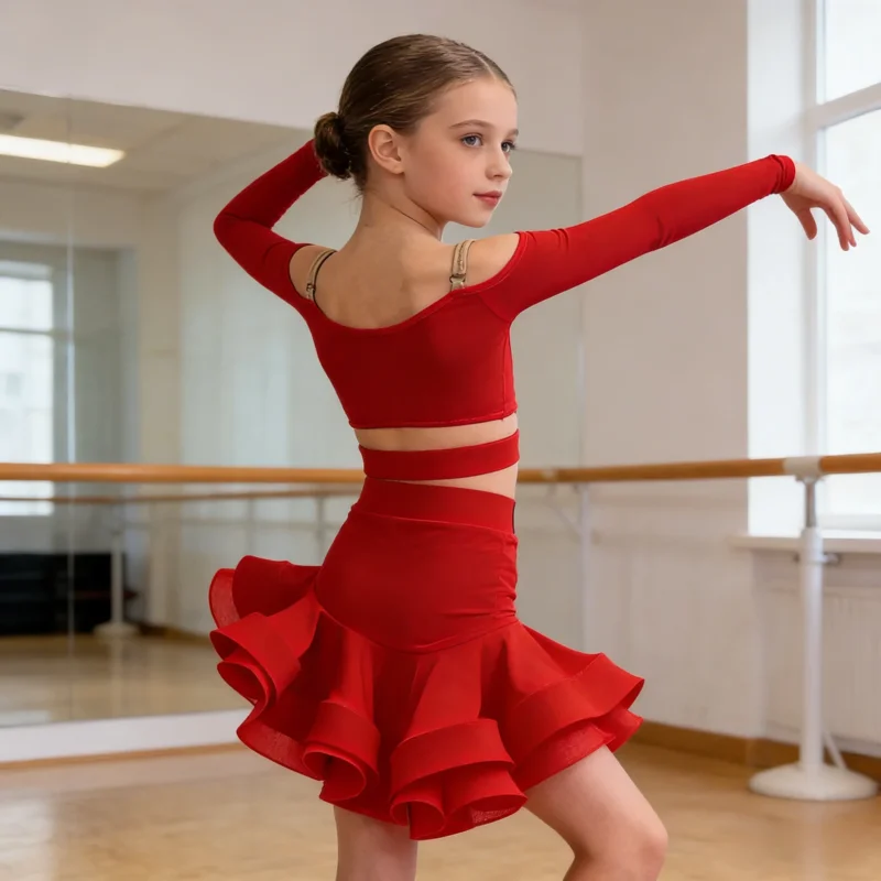 2026-latin-dance-costume-for-girl-red-long-sleeve-top-flounce-skirt-set-children-performance-stage-clothes-latin-outfit
