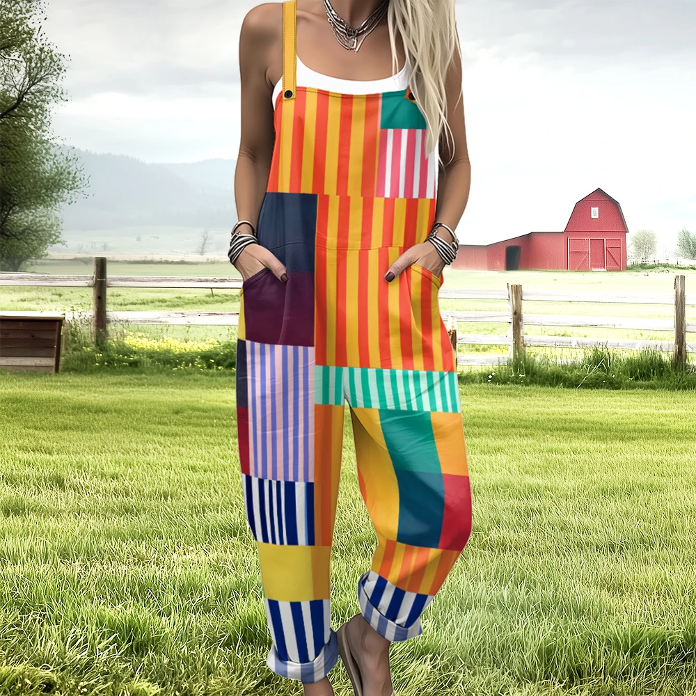 

Women's Colorful Geometric Print Overalls Loose-Fit Jumpsuit for Casual Outdoors & Streetwear Funny Cool Vintage-style Romper