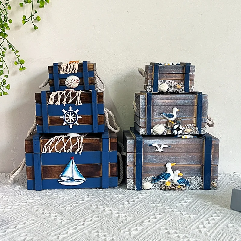 3pc Hand-painted wood crafts Mediterranean Treasure Chest  Window Display Pirate Style Background Decoration Jewelry Storage Box