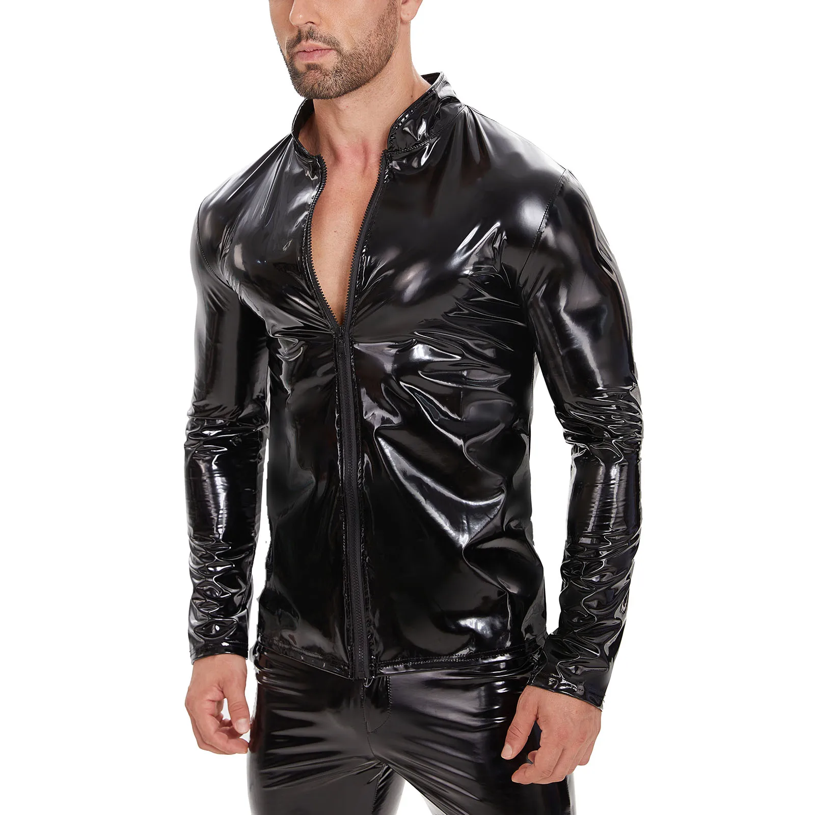 Plus Size Mens Shiny Leather Shirt Long Sleeve Full Zippper Glossy PVC Leather Tops Latex Stand Collar Shaping Casual Coat Sexi