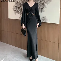 VigoAnne 2025 Woman Lace Patchwork Hollow Dress Spring Autumn Long Sleeve Korean Dresses Lady Evening Party Tight Long Dress