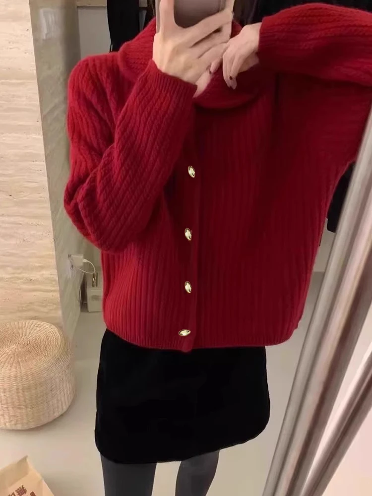 Rote Vintage-Revers-Strickjacke mit langem Sve Camere-Motiv, offener Cardigan mit Hornknöpfen, warmer Woll-Strickobermantel für Damen, Pendler-Sle