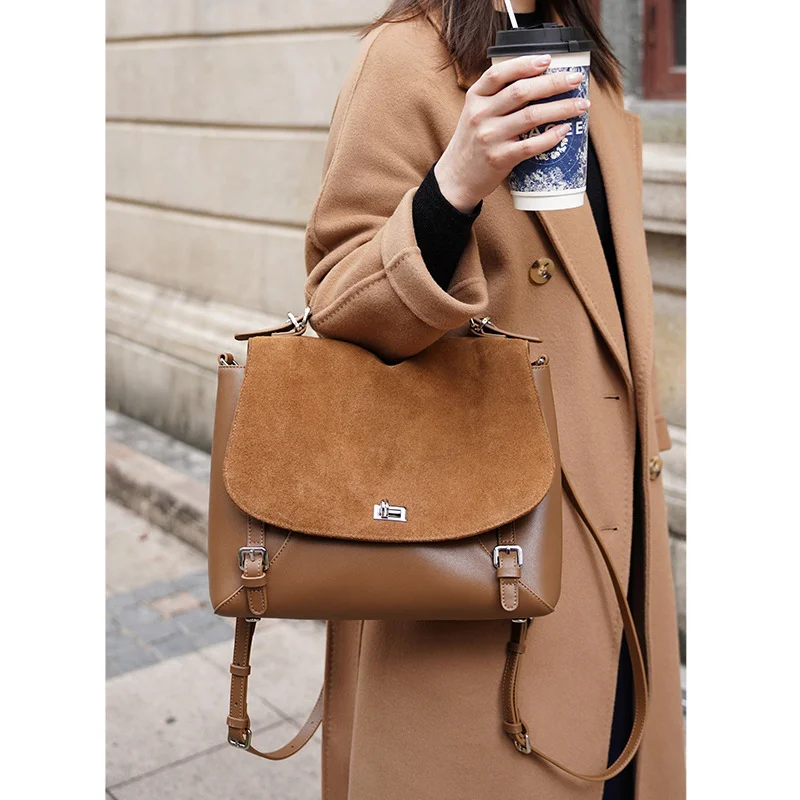 Spring 2026 Women's Fashion Handbag And Backpack Suede Versatile Design High Capacity Genuine Leather Handbag Shoulder Bags