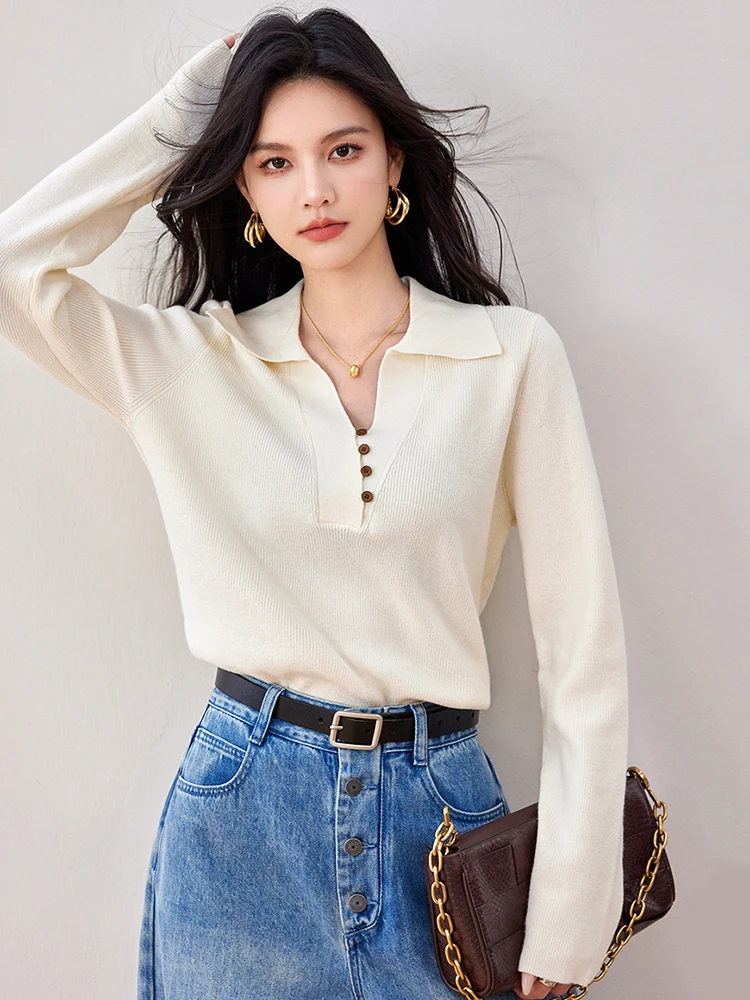 2024 Women\'s Autumn Winter Knitted Pullover Temperament Solid Color Long Sleeve Sweater Casual Lapel Knitted Tops