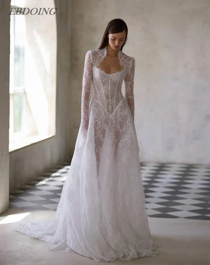 

EBDOING Customized Wedding Dress A-Line Lace Boat Neck Neckline Basque With Detachable Full Sleeves Customized Bride Gowns