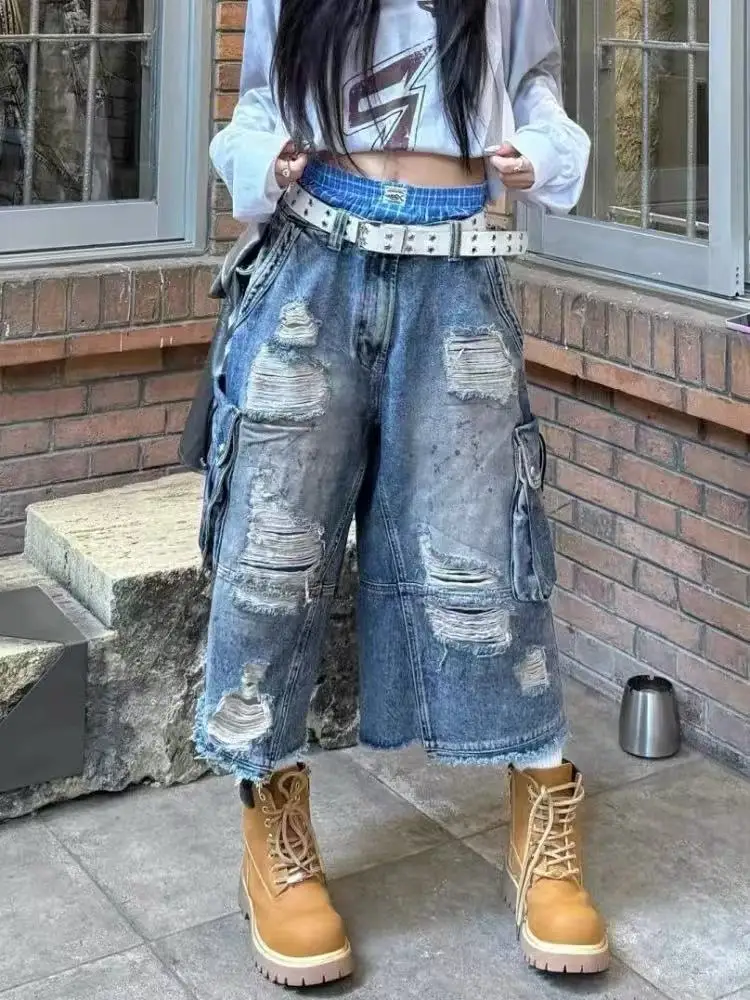 Summer Women's Distressed Design Blue Denim Shorts Unisex Capris Street Girl Casual Bottom Female Wide-leg Calf-length Pants