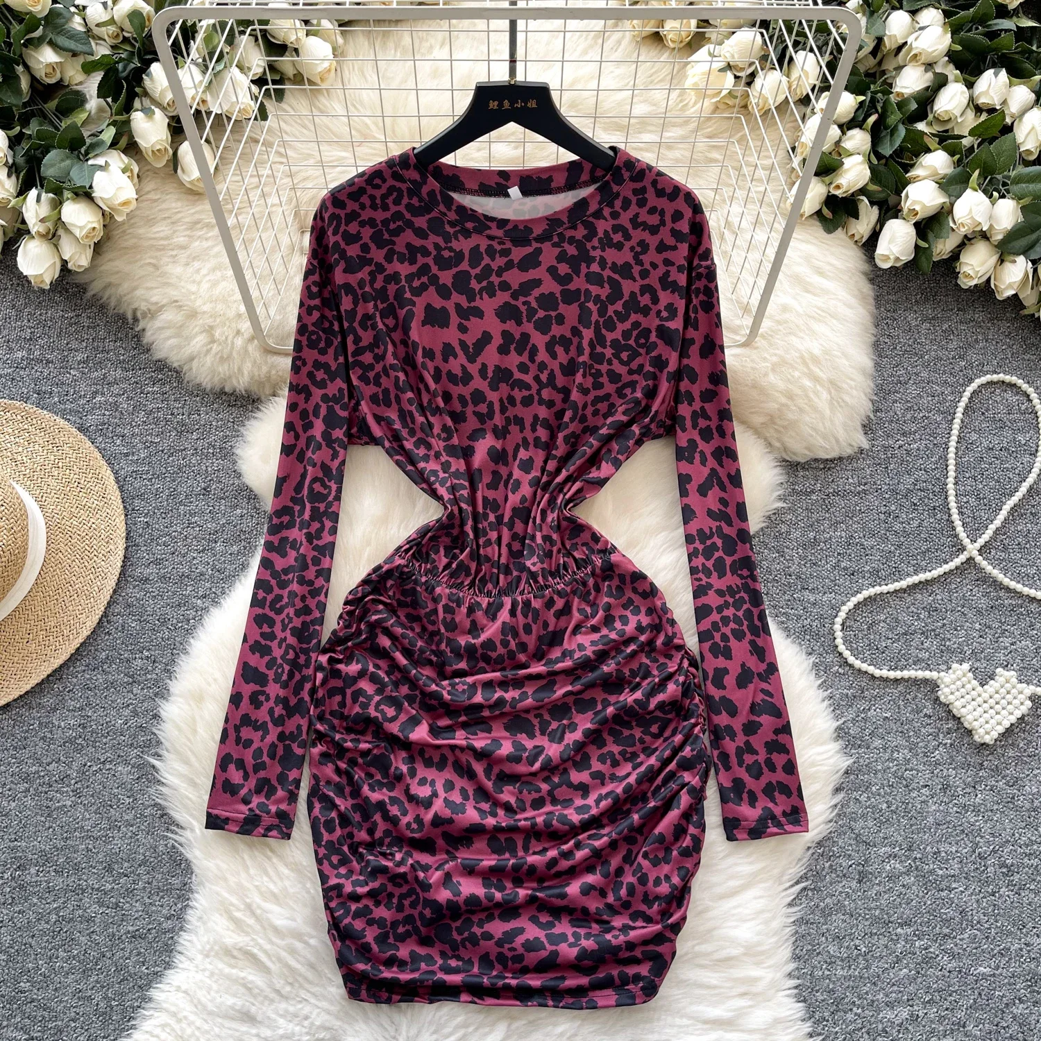 

Elegant Pleated Leopard Vintage O-neck Long Sleeve Slim Pencil Short Dresses Hotsweet Evening High Street Spring Autumn Clothing