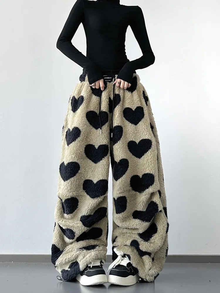 

American Retro Love Pattern Plush Thickened Casual Pants Women Winter Fashion Street Loose Trousers Harajuku Warm Casual Pants