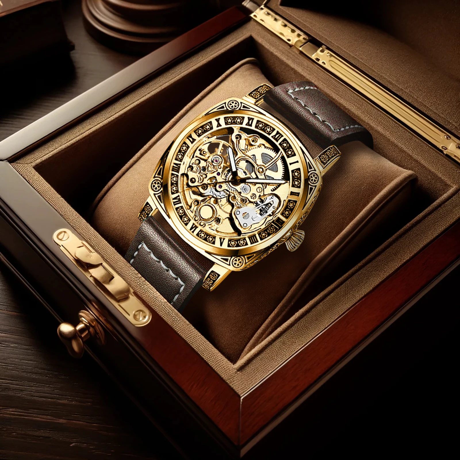 New men's golden brown belt retro style classical noble night light finely carved fully automatic mechanical watch