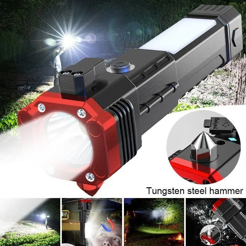 High Power LED Flashlights with Safety Hammer and Magnetic Super Bright COB Sidelight Rechargeable Waterproof Camping Lights