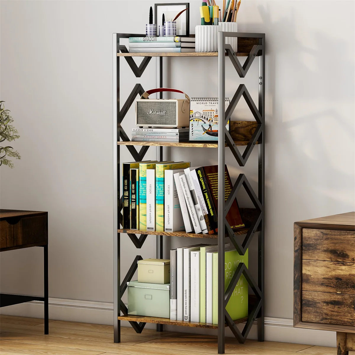 Side table, storage shelf with four storage spaces, bookshelf, steel frame, suitable for living room, study, bedroom