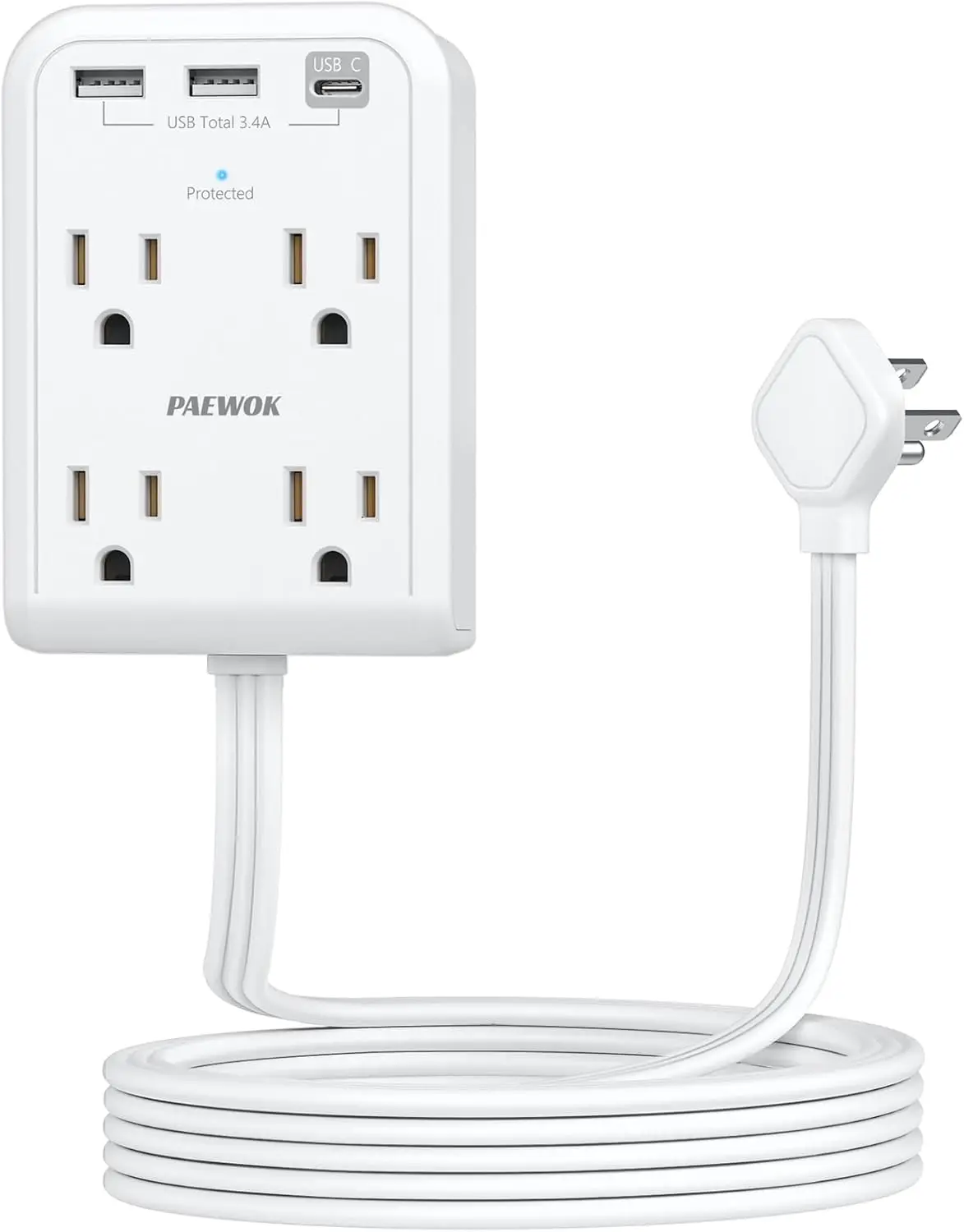 

Универсальный удлинитель для розетки 7-в-1 с USB-C, 4 розетками переменного тока, защитой от перенапряжения и плоским кабелем 2,4 м - белый