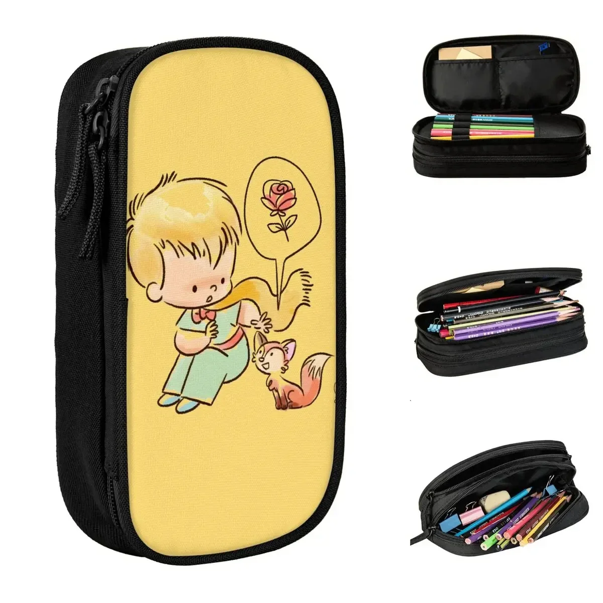 Large-capacity Pencil Case The Little Prince Fox And Rose Merch Kids Gift Double Layer Pencilcase Girl Make Up Bag Gift