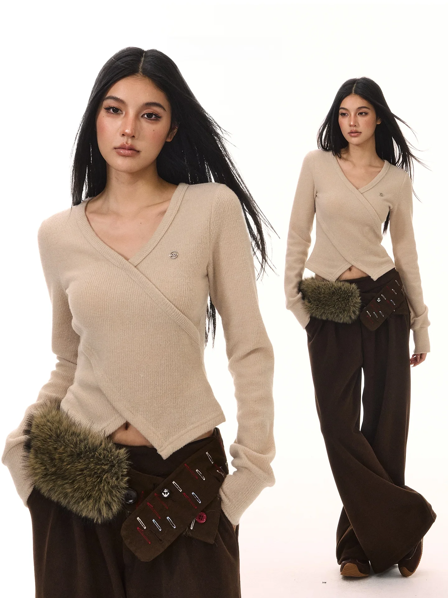 

Женская дизайнерская футболка ACME AURA с V-образным вырезом, приталенная, базовая, осенне-зимняя, повседневная, из смесового хлопка и льна, с длинным рукавом