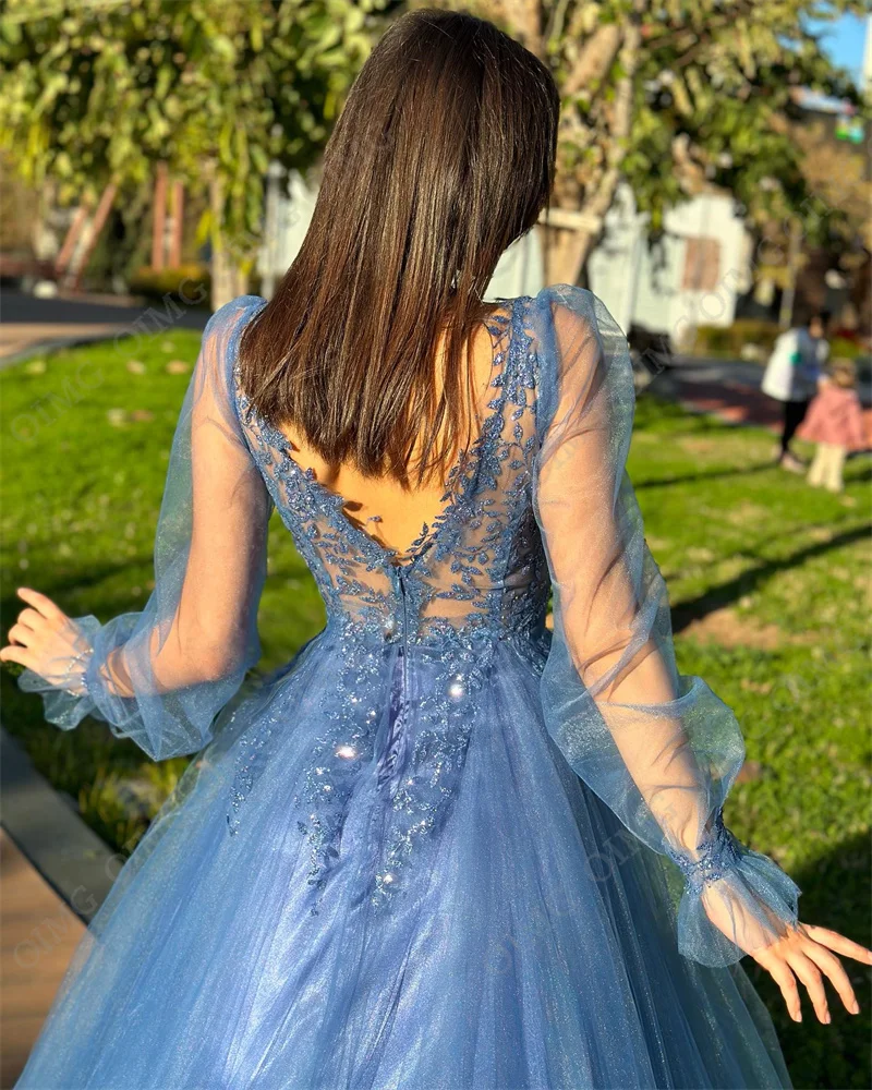 OIMG Dusty Blue Tulle فساتين سهره فاخره2024 Shiny Lace A-line Floor Lenght Prom Dresses Elegant Long V Neck Vestidos De Noche