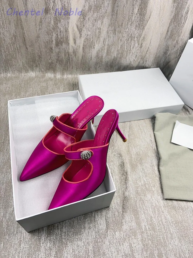 

Rhinestone Silk Slippers Thin High Heels Slip-on Pointed Toe Solid Party Dress 2024 New Arrivals Women Shoes Summer Outdoors