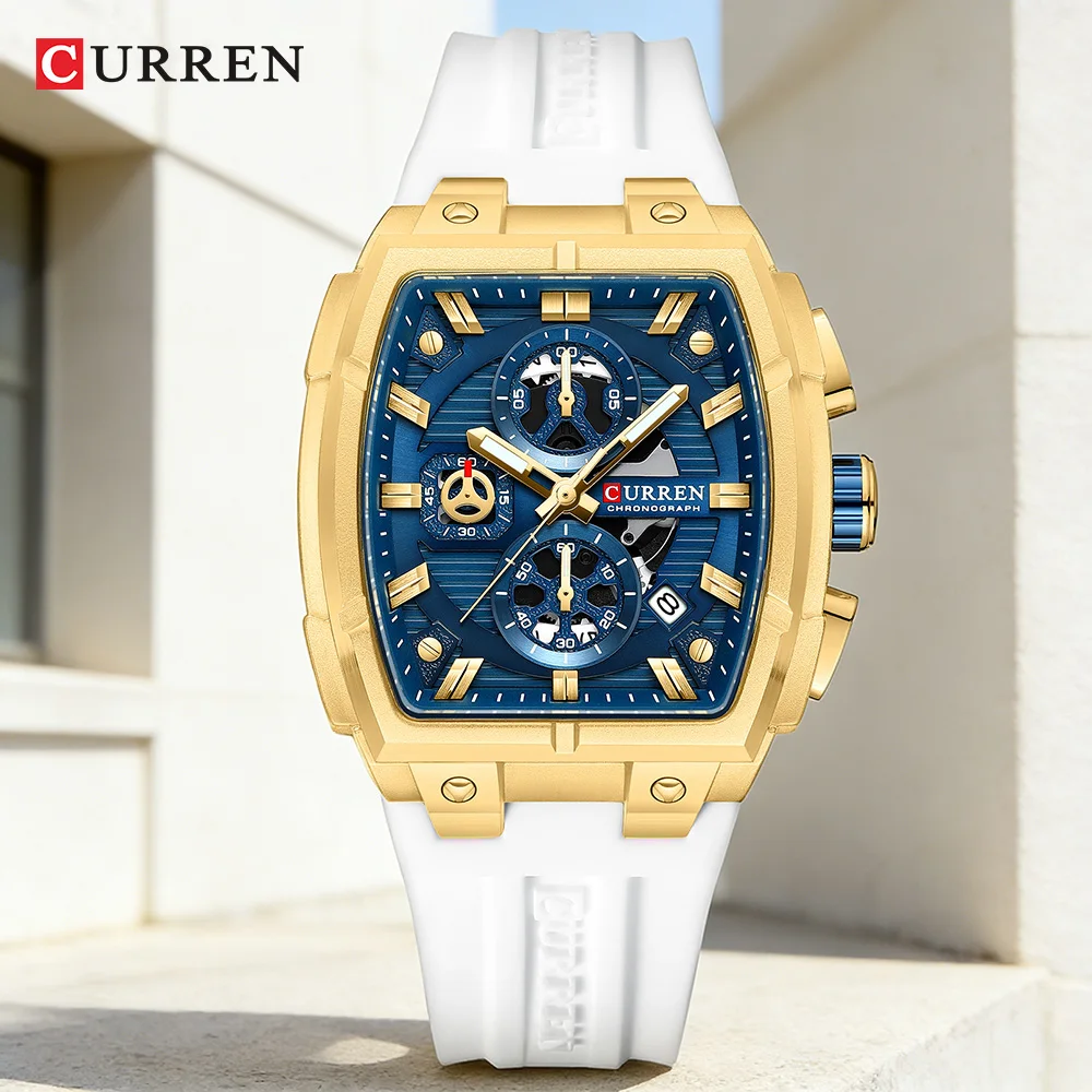CURREN Luxury Sports Chronograph Watch for Men - 41mm Rectangle Dial, Quartz Movement with Luminous Hands & Date, Silicone Strap